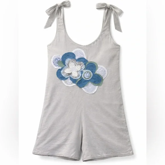 Organic Linen Cotton Romper Boho Handmade Floral Patch Lace Loose Fit S/M NWT - Picture 7 of 11